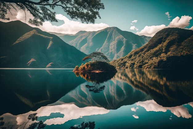 Vista de uma montanha com um reflexo hipnotizante de árvores e do céu na água