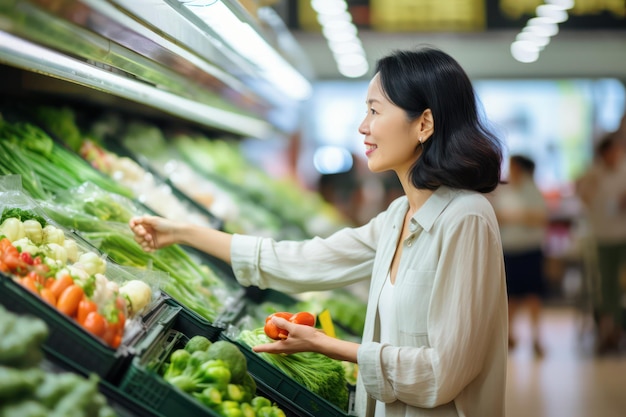 Vista de uma mulher asiática madura escolhendo frutas e legumes frescos no supermercado