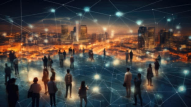 Foto vista de uma multidão com uma rede de conexões com fundo desfocado cidade inteligente