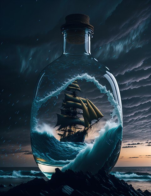 Vista de uma onda turbulenta de uma violenta tempestade marítima dentro de uma garrafa de vidro na praia