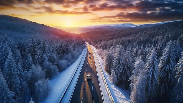 Vista de uma paisagem de floresta serena com estrada em meio à neve generativa AI