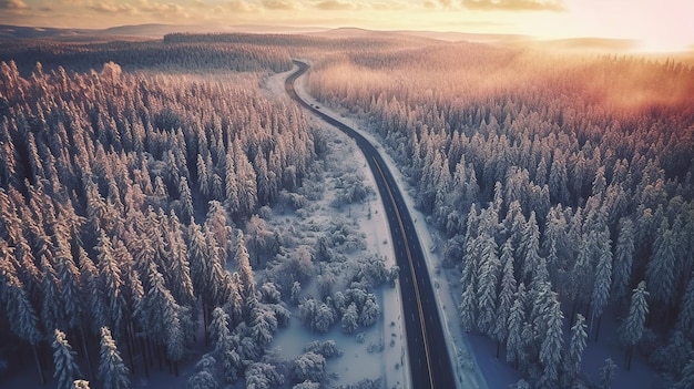 Vista de uma paisagem de floresta serena com estrada em meio à neve generativa ai