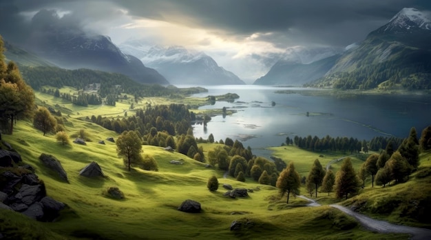 Vista de uma paisagem verde com árvores, um lago e montanhas na Suíça