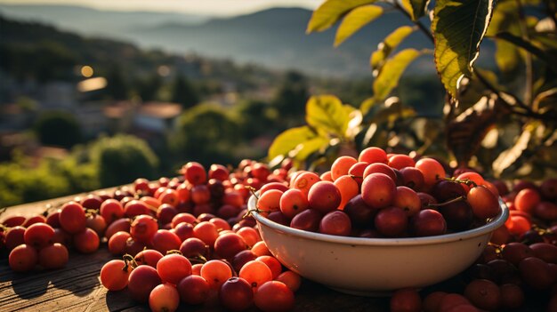 Vista de uma plantação de café da Colômbia ou do Brasil com plantas de café em primeiro plano Vista de perto Fruto de café