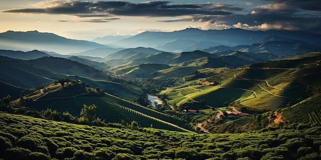 Vista de uma plantação de café da Colômbia ou do Brasil com plantas de café em primeiro plano