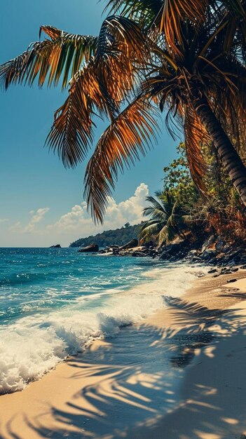 Foto vista de uma praia com uma palmeira em primeiro plano