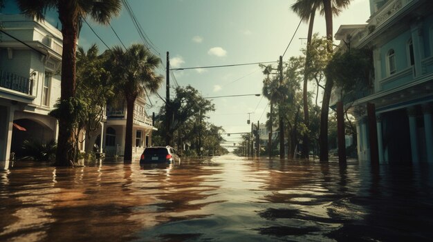 Vista de uma rua vazia inundada