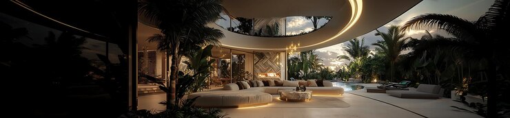 Foto vista de uma sala de estar com um sofá circular e uma piscina