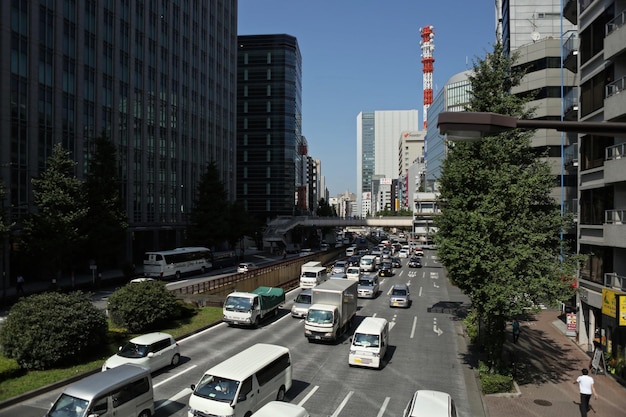 Vista de veículos na estrada ao longo de edifícios