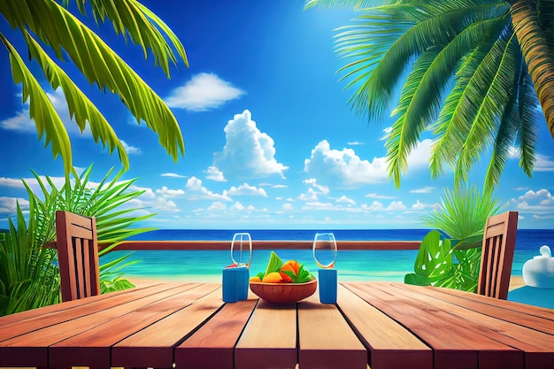 Vista de verão do céu azul e palmeiras e dois copos de vinho Generative AI