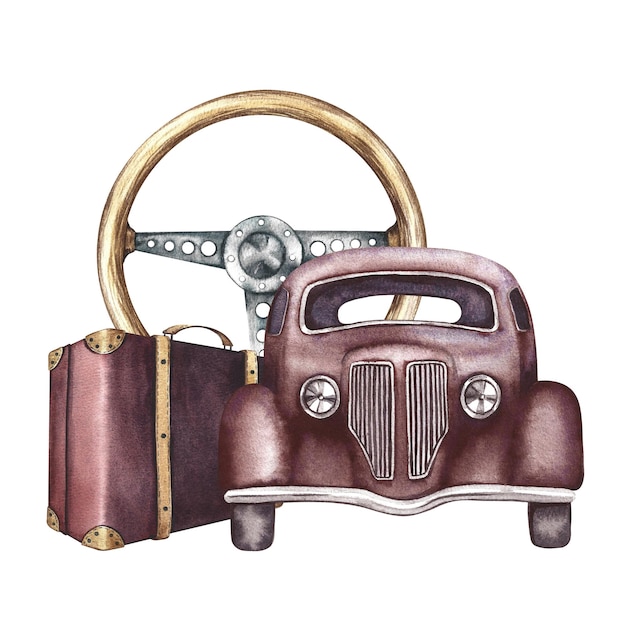 Vista delantera de un coche retro antiguo Volante antiguo y maleta retro Ilustración en acuarela