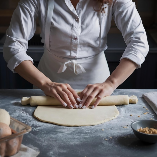 Foto vista delantera cocinera que despliega la masa en un huevo oscuro trabajo de cocina pastelería panadería cocina masa hotcak