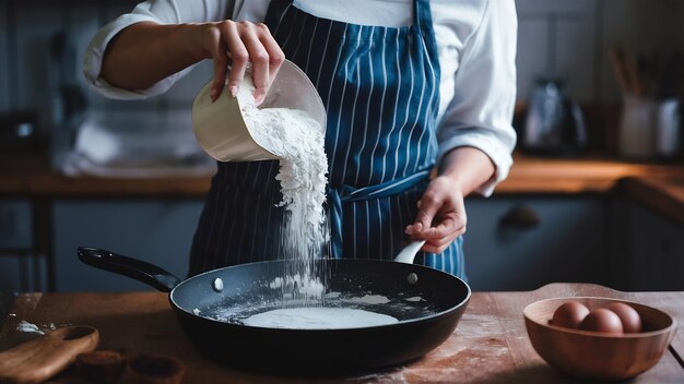 Foto vista delantera cocinera vertiendo harina blanca en la sartén en el pastel de huevo oscuro panadería hotcake cocina cui