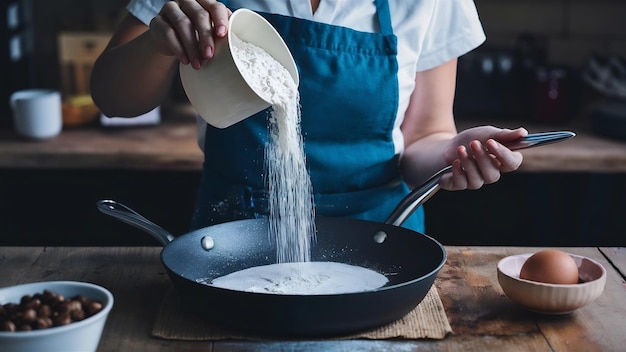 Vista delantera cocinera vertiendo harina blanca en la sartén en el pastel de huevo oscuro panadería hotcake cocina cui