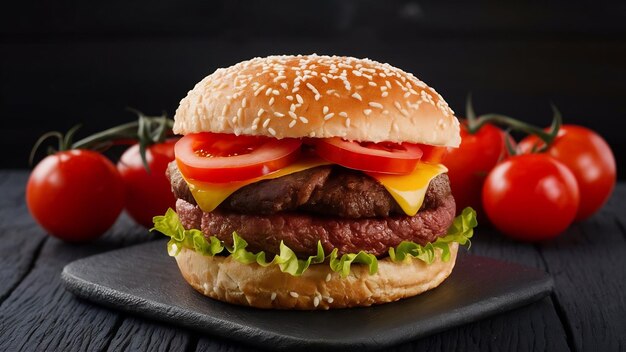 Vista delantera de una deliciosa hamburguesa de carne con tomates rojos en fondo oscuro