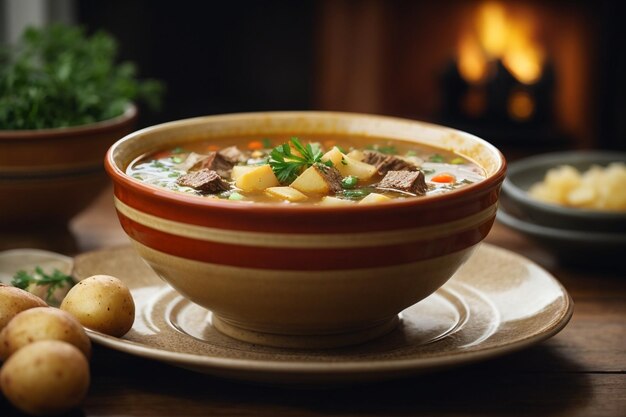 Vista delantera deliciosa sopa de carne con patatas dentro del plato