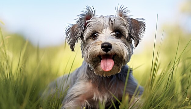 Foto vista delantera de la elevación canina de happy grey dog