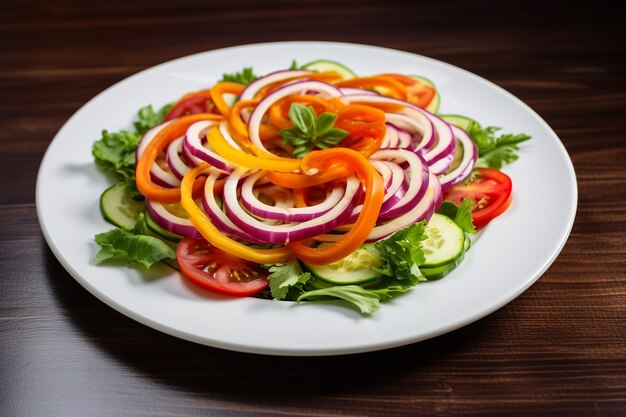 Vista delantera ensalada colorida que contiene verduras en rodajas dentro de un plato blanco en el suelo marrón