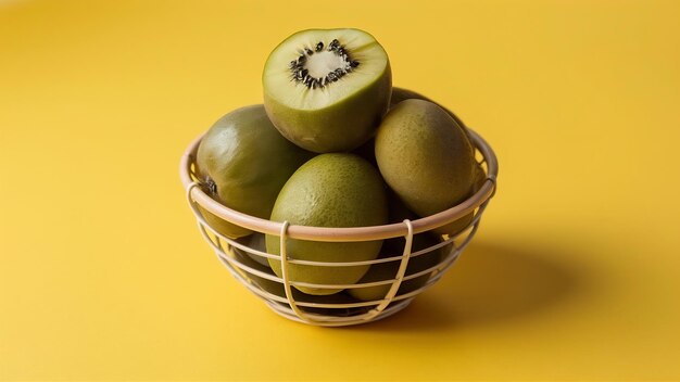 Foto vista delantera feijoa verde fresco dentro de una pequeña canasta móvil en la superficie de color amarillo fruta exot suave