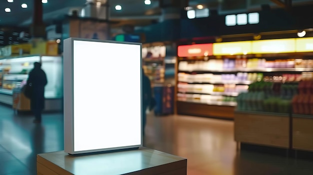 vista delantera gran blanco en blanco vacío maqueta de publicidad para la publicidad en el supermercado con la gente borrosa en movimiento