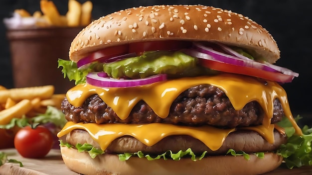 Vista delantera hamburguesa de queso de carne deliciosa con papas fritas en fondo oscuro cena hamburguesa bocadillo fastfoo