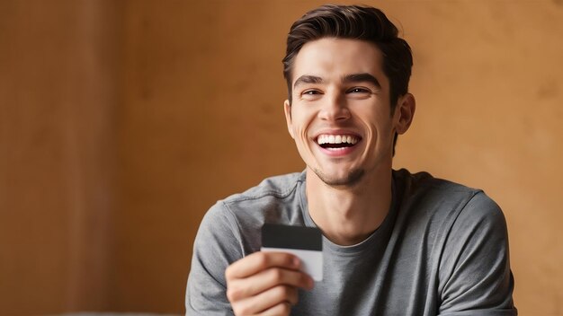 Foto vista delantera hombre joven en camiseta gris sosteniendo tarjeta de identidad con sonrisa en beige