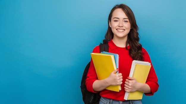 Vista delantera joven estudiante femenina en camisa roja con mochila sosteniendo archivos y cuaderno en ba azul