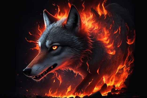 Foto vista delantera lobo surgiendo de las cenizas brillante intenso mágico vívido hd hermosa oscuridad
