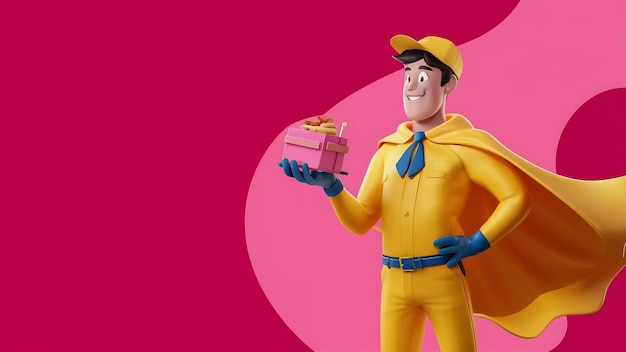 Foto vista delantera mensajero masculino en uniforme amarillo y capa sosteniendo pequeño paquete de comida de entrega en el rosa