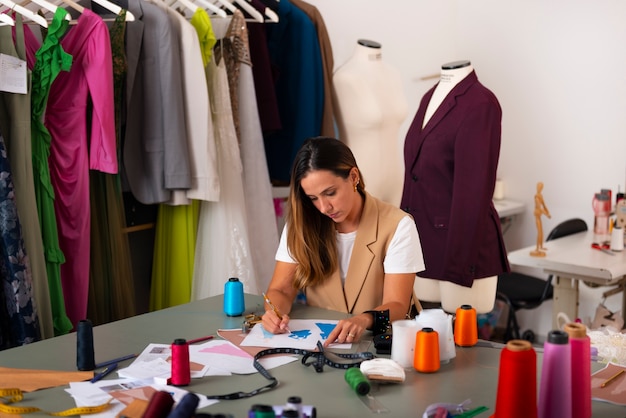 Foto vista delantera de una mujer brasileña que trabaja como diseñadora de ropa