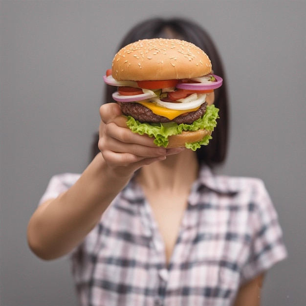 Vista delantera mujer comiendo carne hamburguesa ai generado