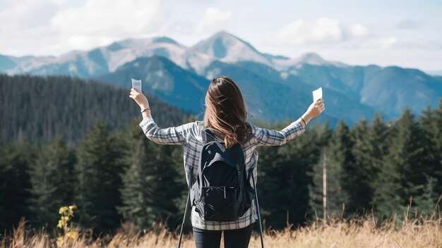 Vista delantera mujer joven que va de excursión con un boleto en el fondo blanco del bosque turístico de aire v