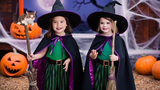 Vista delantera de niñas con disfraces de brujas para Halloween