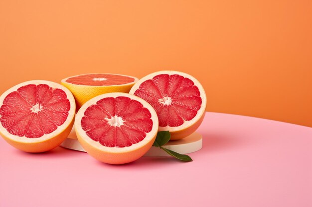 Vista delantera de pomelos sabrosos en rodajas de frutas jugosas en la mesa rosada