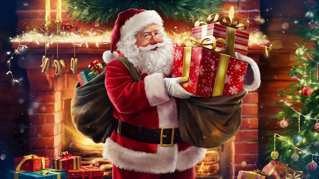 Vista delantera de Santa Claus sosteniendo un regalo de una bolsa llena de regalos para niños en la Navidad de Año Nuevo rojo