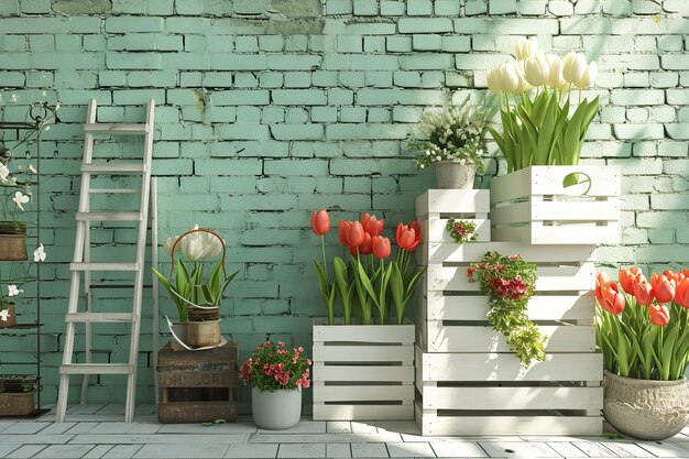 Vista delantera telón de fondo con pared de ladrillo cajas de madera blanca tulipanes y escalera