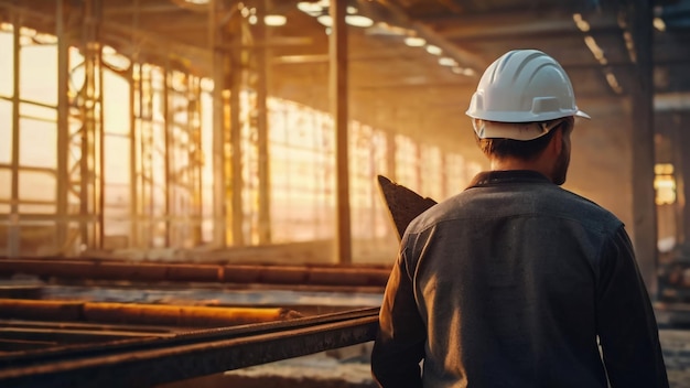 Vista delantera Trabajador de la fábrica en uniforme azul está en el interior