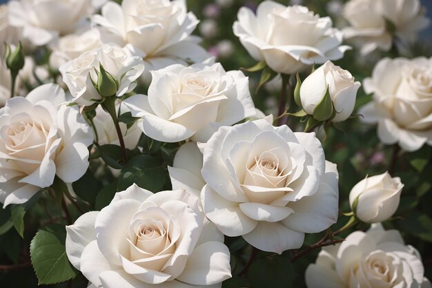 Vista de delicadas flores de rosas blancas