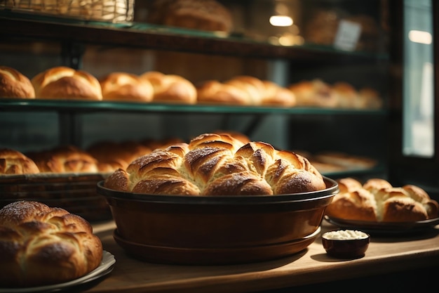 Vista del delicioso pan horneado en la pastelería