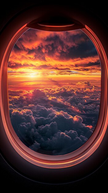 Una vista desde dentro de una ventana de un avión que muestra el cielo y las nubes a través de su ventana de vidrio circular