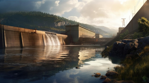 vista de la descarga de agua de la presa hidroeléctrica a través de las esclusas bandera de color azul concepto industrial