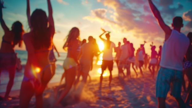 Foto vista desenfocada de una fiesta en la playa con grupos de amigos bailando y riendo juntos atrapados en