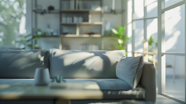 Foto vista desfocada da sala de estar moderna com sofá e banco macio interior da sala com sofá ia generativa