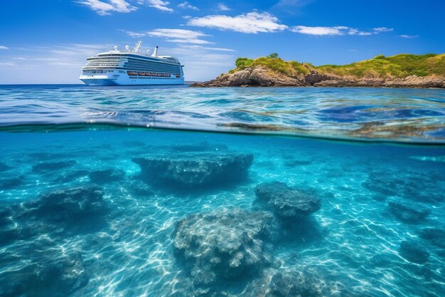 Vista deslumbrante de um navio de cruzeiro navegando em águas azuis cristalinas do Caribe Generative AI