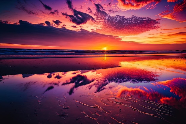 Vista deslumbrante do pôr do sol refletido na água sob nuvens de cores vibrantes
