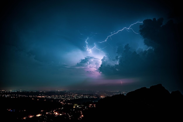 Vista deslumbrante do relâmpago azul no céu noturno acima da cidade