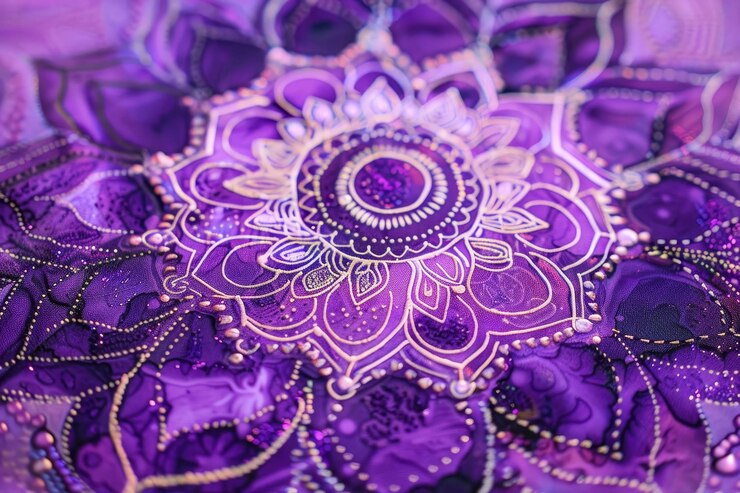 Foto vista detalhada de uma flor roxa sentada em uma mesa desenhos intrincados de mandalas roxas se expandindo para fora
