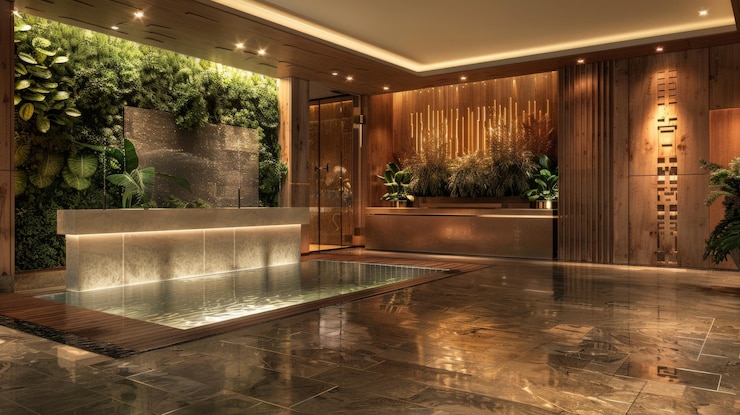Foto vista detalhada de uma recepção de spa de luxo com uma parede de água calmante e decoração inspirada no zen para receber os hóspedes ar 169 job id 033ace2737c042bfa8004baafc7d0e68