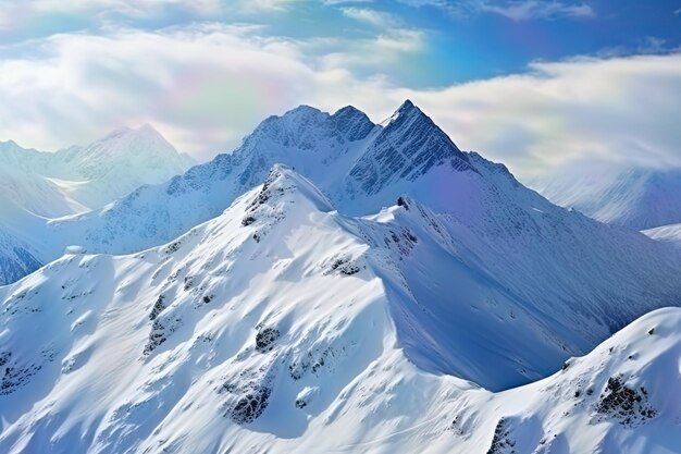 Vista detalhada dos cumes das montanhas nevadas, picos reluzentes na glória da natureza