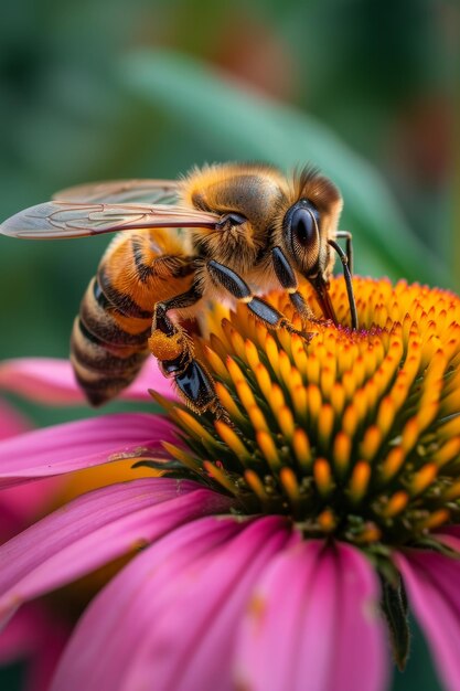 Una vista detallada de una abeja en una margarita púrpura recogiendo granos de polen